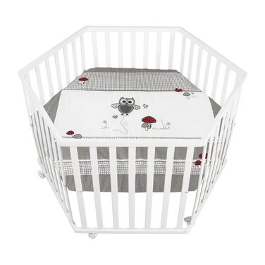 Сторонній манеж roba з вкладишем Adam & Owl - Ворота для повзання, регульована висота у 3 напрямках - Мобільний манеж на колесах - Дерево, білий / Adam & Owl, 6-