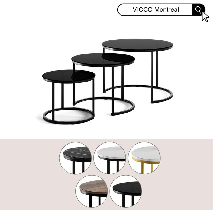 Набір журнальних столиків Vicco Montreal, білий/чорний, 55 x 55 см, 3 предмети, білий/чорний, комплект з 3 предметів