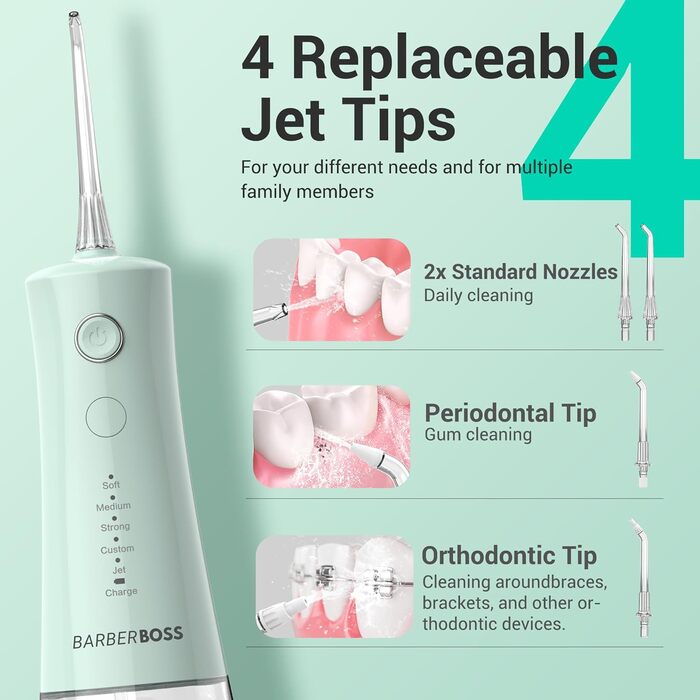 Бездротовий іригатор для порожнини рота, електричний зубний флоссер з 5 режимами тиску, водонепроникний IPX8, портативний пристрій для догляду за яснами, набір для очищення зубів, QR-7101 (Пастельно-зелений)