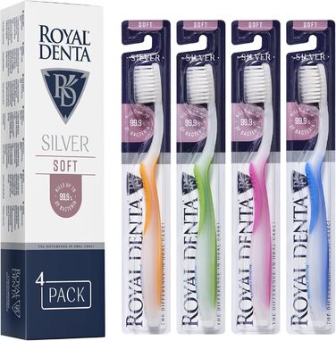 М'яка зубна щітка Royal Denta Silver 4-Pack - ефективне чищення міжзубних проміжків, частинки срібла, багатобарвний