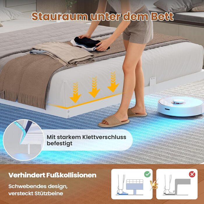 Плаваючий каркас ліжка 140x200 зі світлодіодним освітленням та зарядною станцією, Плаваючий каркас ліжка з узголів&39ям для зберігання, Металеве ліжко з металевою рейковою основою, Гостьове ліжко, Двоспальне ліжко, Дитяче ліжко - без матраца, 140 x 200 см