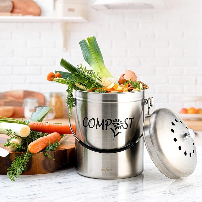 Компостний контейнер для кухні з нержавіючої сталі без запаху - контейнер для органічних відходів - з безкоштовними фільтрами з ак