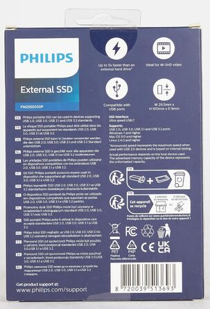 Зовнішній портативний SSD-накопичувач Philips на 250 ГБ - ультратонкий SATA Ultra Speed USB-C, швидкість читання до 540 МБ/с, алюміній