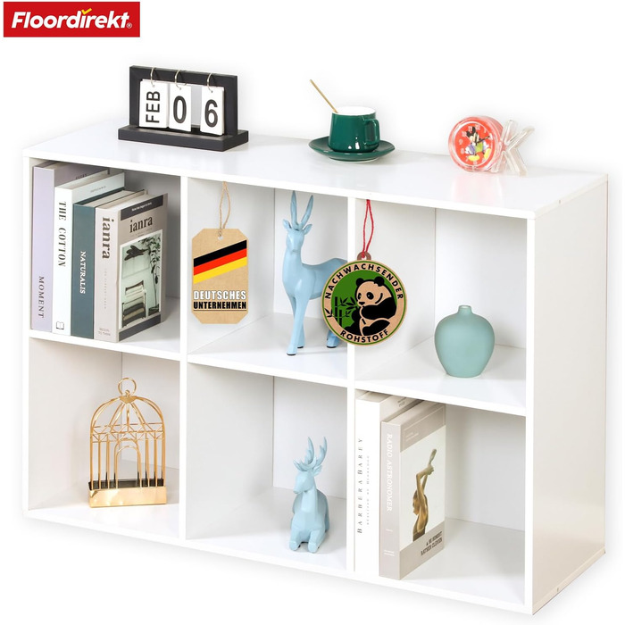 Біла книжкова полиця Floordirekt, дерев&39яна полиця з 6 відділеннями, кубічна полиця для вітальні та спальні (Вермонт)