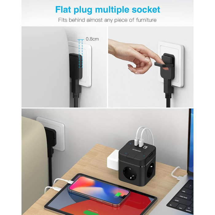 Куб розетки з USB C, 3 відділення з декількома розетками, плоска вилка з одним перемикачем, подовжувач з кабелем довжиною 2 м, 1 в