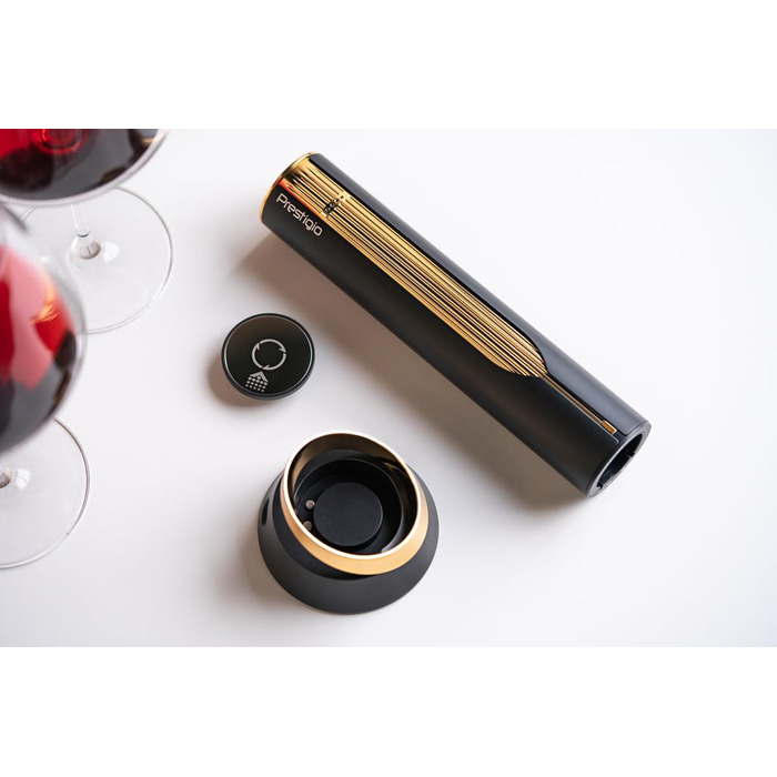 Електричний штопор Prestigio Maggiore - Відкривачка для винних пляшок преміум-класу з зарядною док-станцією - Вбудований різак для фольги - упакований у високоякісну подарункову коробку - Чорний/Золотий Maggiore - Багате золото