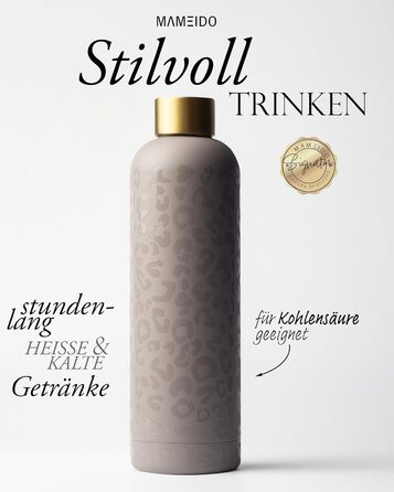 Термос MAMEIDO 1 л, герметична пляшка для пиття з нержавіючої сталі, підходить для газованих напоїв, без BPA, ізольована пляшка, зберігає напої гарячими протягом 12 годин і холодними протягом 24 годин (Sleek Leo Gold) 1000 мл Sleek Leo Gold