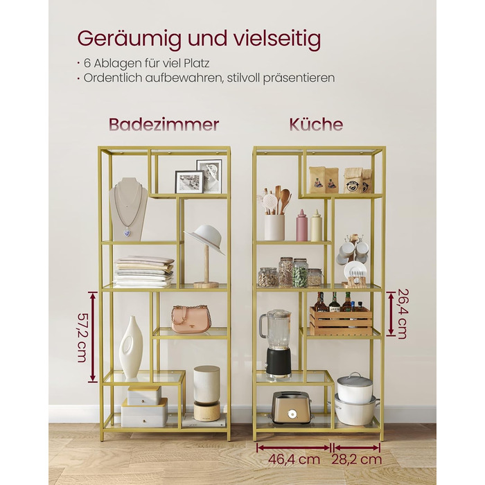 Книжкова полиця VASAGLE, блок із 6 полиць, окремостояча полиця, полиці із загартованого скла, 30 x 80 x 180 см, для кабінету, офісу, вітальні, спальні, кухні, металеве золото-прозоре LGT502A01 металеве золото прозоре загартоване скло сталь