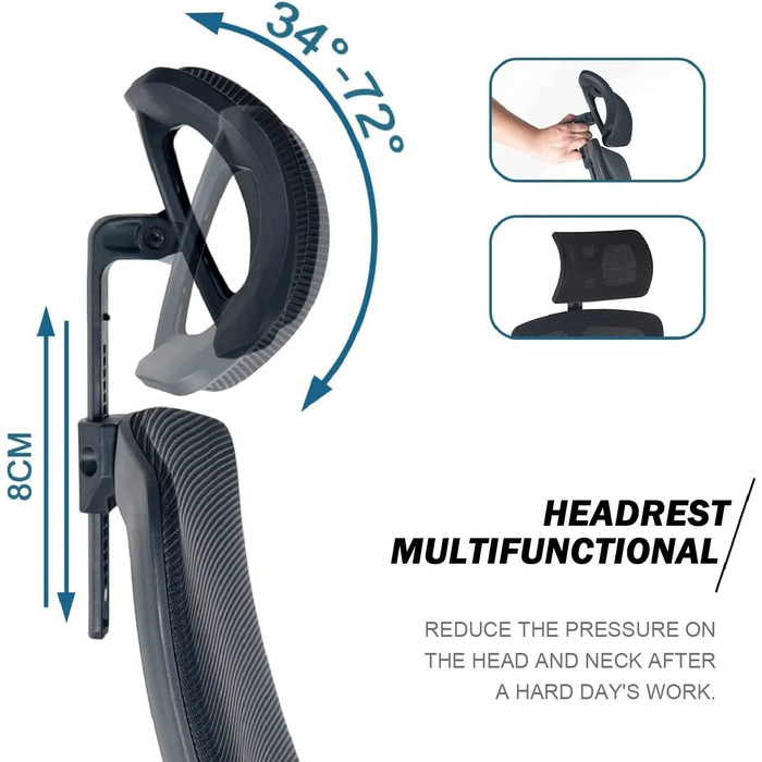 Ергономічне офісне крісло, стілець для роботи, офісне крісло з підголівником, підлокітниками, поперековою опорою, регулюванням висоти, гойданням 90-120, обертовим кріслом, вантажопідйомність 150 кг 01