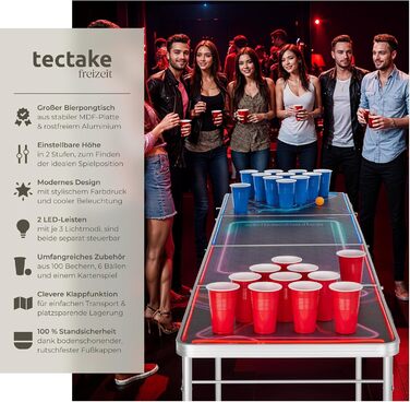 Стіл для пивного понгу tectake з декорацією для вечірки, світлодіодним освітленням, стіл з регульованою висотою, розкладний стіл, комплект з аксесуарами, стіл для пивного понгу, 100 пластикових стаканчиків, 6 м&39ячів та карткова гра з напоями BeerWars I