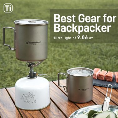 Титановий кемпінговий посуд Odoland, кемпінгова плита 750 мл та 420 мл титанові чашки, кемпінгова титанова кавова чашка з кришкою та спаркою, складна ручка для кемпінгу, походів, подорожей