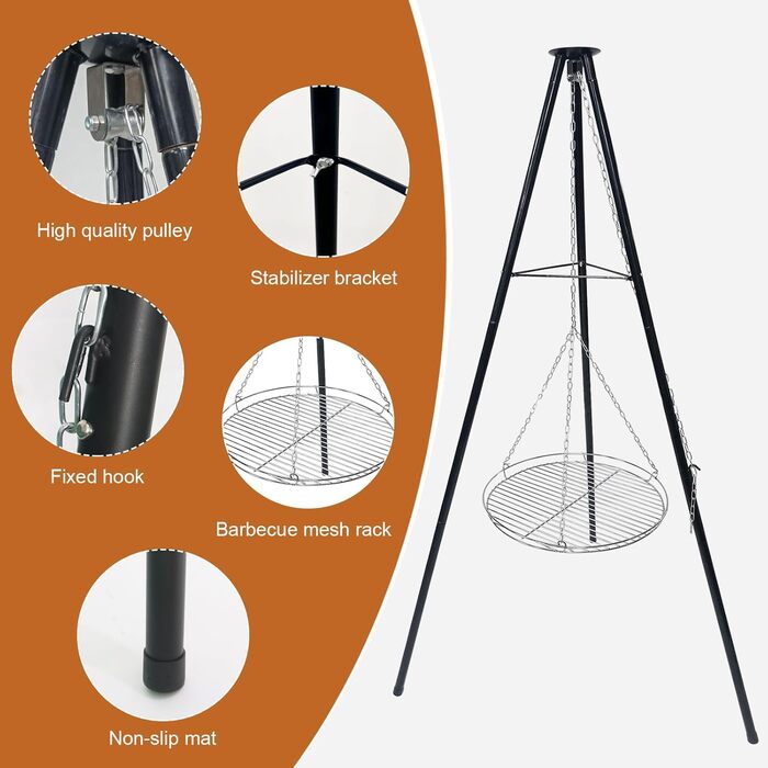 Набір для грилю та приготування на відкритому повітрі штатив-тринога з телескопічною конструкцією, решітка для грилю, гак для підвішування, велика площа для приготування