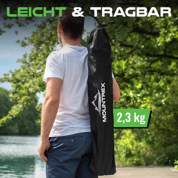 Складаний кемпінговий стілець MOUNTREX (до 120 кг) - Складаний стілець з регульованими підлокітниками - Рибальський стілець, Пляжний стілець - Складаний, компактний та легкий - Кемпінговий стілець з тримачем для напоїв та сумкою, Чорний