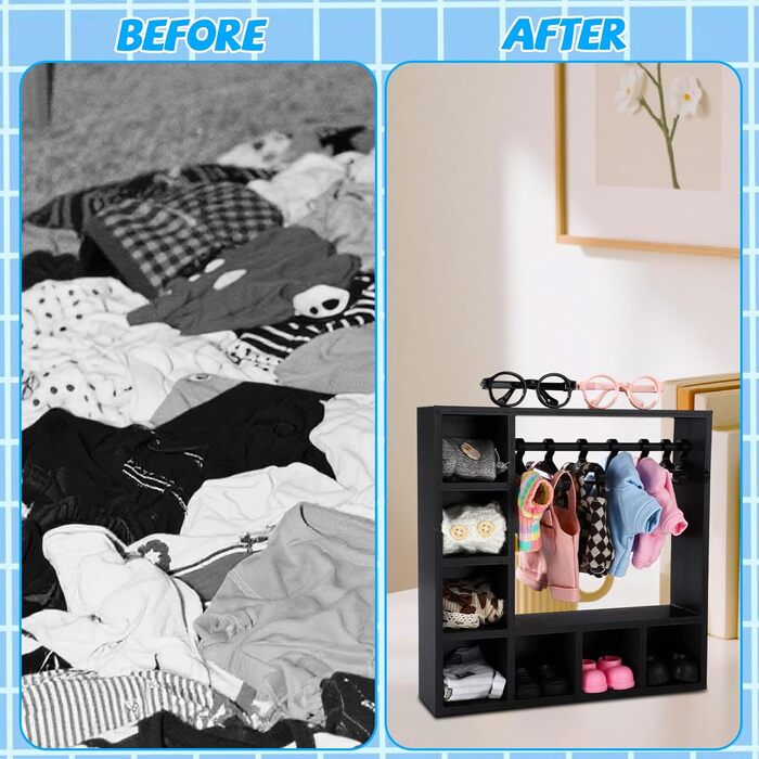 Шафа для ляльок, 20x20x5 см, Пластикова шафа для ляльок з 10 вішалками для організації одягу, взуття, капелюхів, сонцезахисних окулярів, сумок, різноманітного одягу та аксесуарів (чорна)