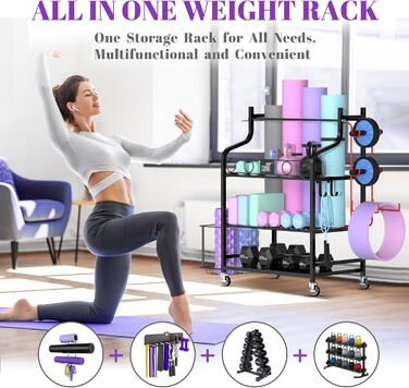 Полиця для килимка для йоги, Органайзер для килимка для йоги з гантелей, пінопластового валика, гир та блоку для йоги, Полиця для зберігання вдома та в спортзалі, Полиця для спортивного обладнання, Чорний