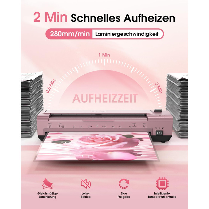Дюймовий ламінатор A3/A4 з 20 пакетами для ламінування, гарячий та холодний ламінатор, ABS-пластик із захистом від застрягання, 10-в-1 ламінатор з різаком, тримером та закруглювачем кутів для офісу, школи та дому (шовково-червоно-сріблястий), 13-