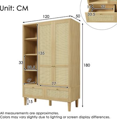 Шафа з 2 дверима та плетінням з ротанга в сільському стилі, під дуб, відкрита полиця, полиці, вішалки для одягу, 2 шухляди, пристрій проти перекидання (180x120x50 см) 180x120x50 см