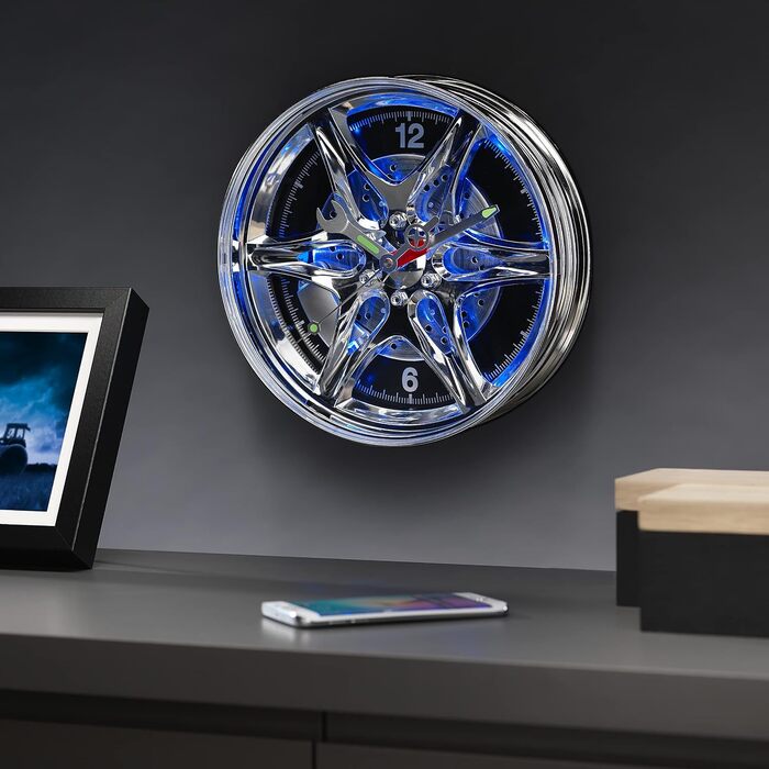 Настінний годинник RED5 у вигляді колесного диска з синім LED-підсвічуванням, кварцовий, 30 см