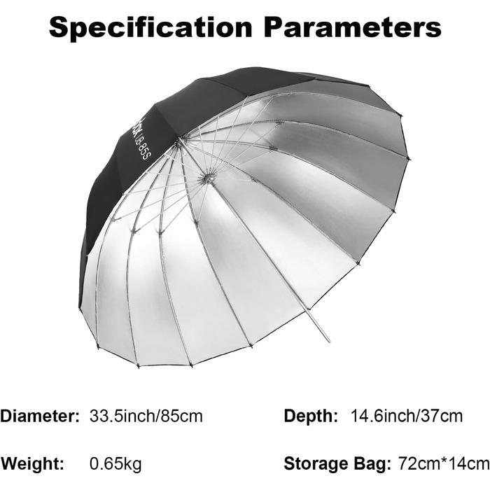 Світловідбиваюча параболічна парасолька, 85 см, чорний/сріблястий, фотопарасолька з сумкою для перенесення, портативна для студійної зйомки Vedio, спалах Speedlite (UB-85S), 85S