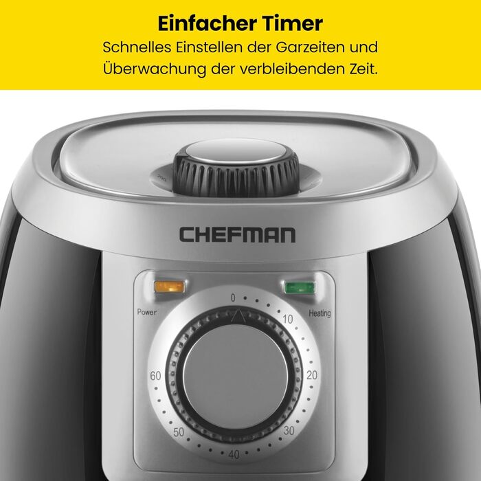 Фритюрниця Chefman TurboFry 1,9 літра, компактний розмір, 60-хвилинний таймер для швидкого та здорового приготування, для картоплі фрі, курки, м'яса, риби, овочів, можна мити в посудомийній машині, чорний