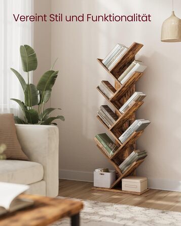 Книжкова полиця VASAGLE у формі дерева, 9-ярусна окремостояча полиця, компактна кутова полиця, полиця для зберігання речей у спальні, вітальні, домашньому офісі, вінтажний коричневий колір LBC11BX 9 ярусів (25 Г x 50 Ш x 141,5 В см) вінтажний коричневий к