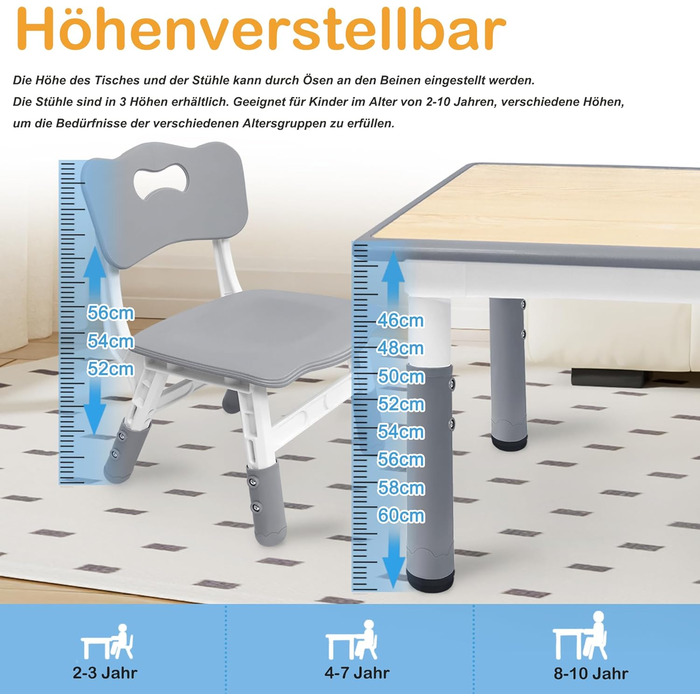 Дитячий стіл AufuN з 4 стільцями, комплект дитячих сидінь з регульованою висотою, комплект столу та стільців для дитячого садка та дитячої кімнати, простий у догляді стіл для малювання для класних кімнат, пластикові дитячі меблі, сірий