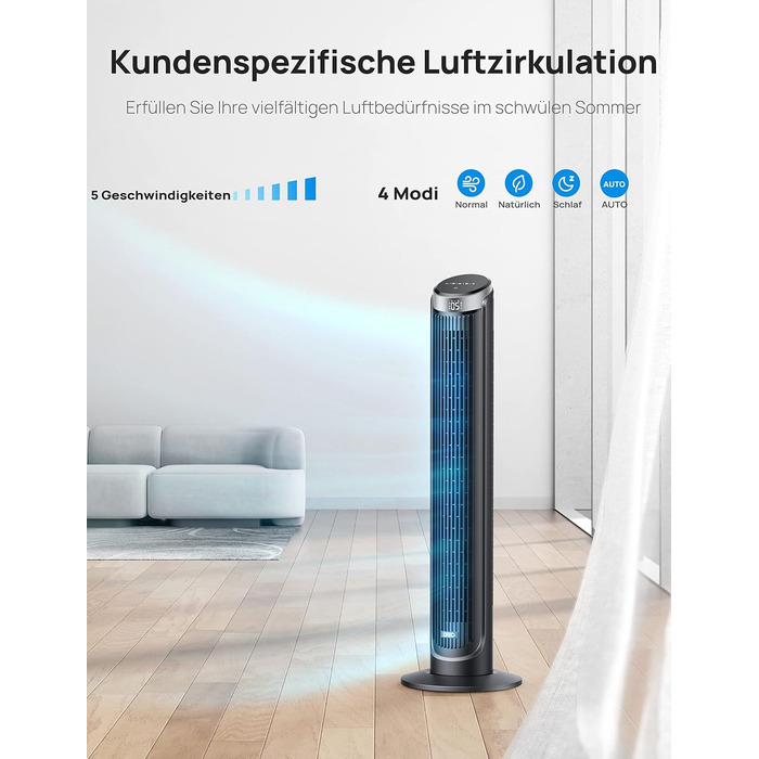 Тихий баштовий вентилятор Dreo 28 дБ, пульт дистанційного керування охолодження 5-швидкісний 4 режими 12-годинний таймер, коливаль