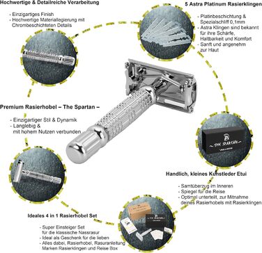 Набір безпечних бритв Van De Boos Spartan включно з 5 лезами Astra Platinum та дорожнім футляром (бритва для бороди, сріблястий) безпечна бритва для вологих бритв із головкою-метеликом ручна бритва для жінок і чоловіків