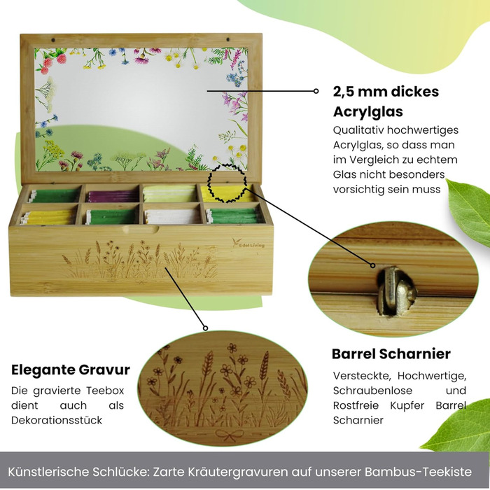 Преміальна чайна коробка з 8 відділеннями, акриловим скляним віконцем, гравіюванням трав та магнітною застібкою - універсальне використання для чайних пакетиків, кавових капсул тощо (Mattem Wildflower Meadow)