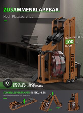 Водний гребний тренажер Neezee для домашнього використання, складний гребний тренажер з масиву дерева з Bluetooth-дисплеєм та тримачем для планшета, максимальна вантажопідйомність 200 кг, сумісний із застосунком Kinomap Braun (з Bluetooth)