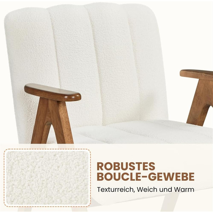 Крісло Yaheetech з вигнутою спинкою з тканини букле, крісло для відпочинку з підлокітниками, крісло з дерев&39яними ніжками для вітальні/спальні, м&39яке крісло під телевізор, міцний каркас, вантажопідйомність до 136 кг, білий колір