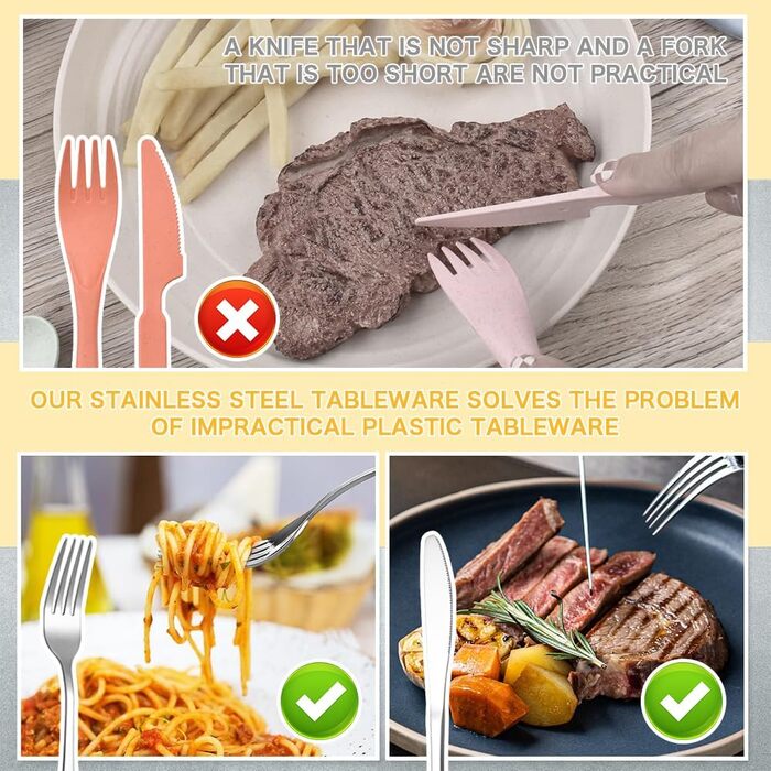 Набір посуду для кемпінгу з нержавіючою сталлю, міцний пластиковий посуд, легкий, яскравий та багаторазовий для пікніків, барбекю та саду, придатний для миття в посудомийній машині, чорний