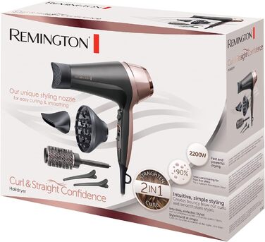 Фен для волосся Remington Curl-Straight з іонізацією (2200 Вт, 3 насадки конічна, для локонів та дифузор, кругла щітка 45 мм, затискачі, 3 рівні температури та 2 рівні обдуву) D5707, чорний