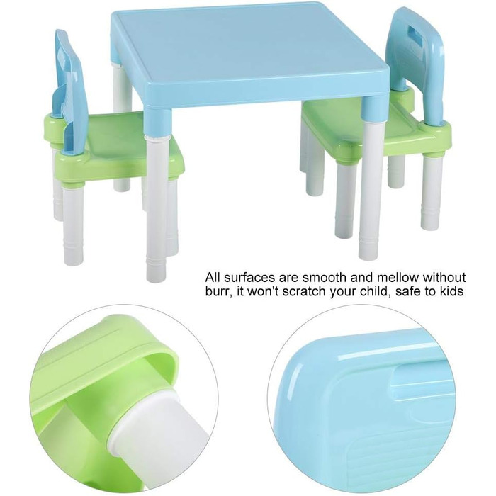 Комплект столу та стільців SIXRUN, пластик ПП, зручний дизайн, багатофункціональний для навчання мистецтву та гри (синьо-зелений)