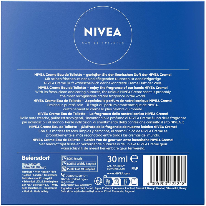 Туалетна вода NIVEA Creme, парфуми з культовим ароматом NIVEA Creme, свіжим та ніжним унісекс-ароматом у культовому флаконі (30 мл)