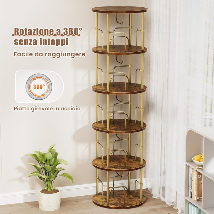 Обертова дерев&39яна книжкова полиця Flycity на 360, окремостояча полиця з 5 регульованими полицями, 4545160 см, вінтажний коричневий колір, ідеально підходить для книг та декору, вінтажний коричневий колір, 5 полиць