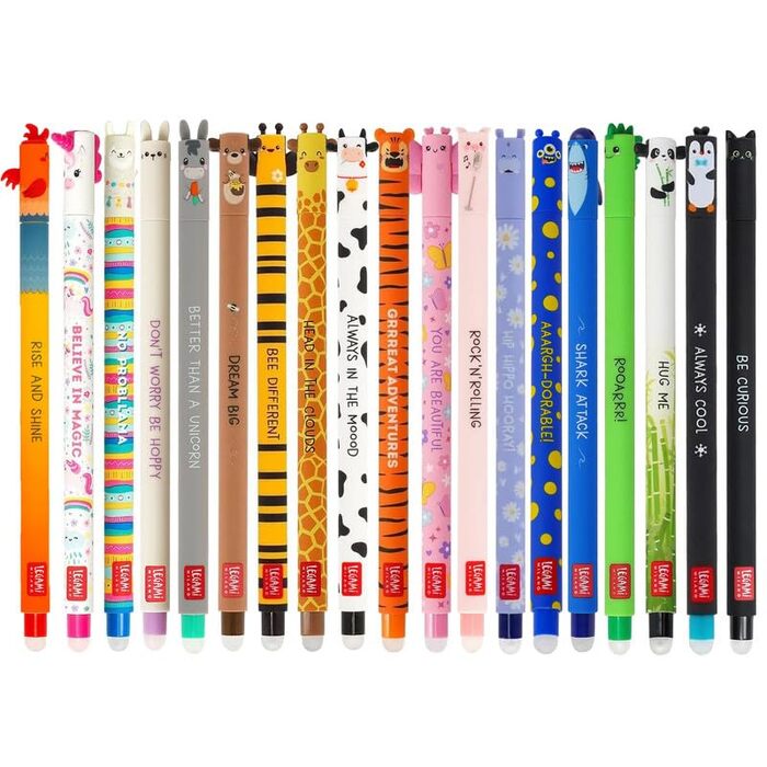 Набір LEGAMI з 19 гелевих ручок, що стираються, з термочутливим чорнилом, різні кольори чорнил та дизайни корпусу, наконечник 0,7 мм, мотиви тварин