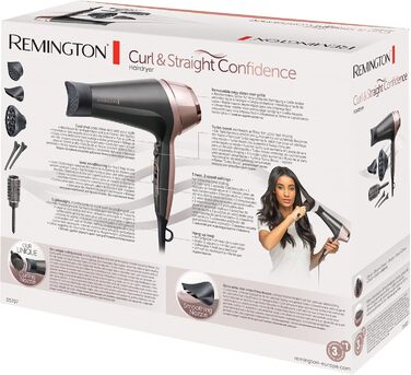 Фен для волосся Remington Curl-Straight з іонізацією (2200 Вт, 3 насадки конічна, для локонів та дифузор, кругла щітка 45 мм, затискачі, 3 рівні температури та 2 рівні обдуву) D5707, чорний