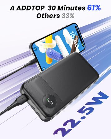 Вт Швидка зарядка Power Bank з USB-C входом і виходами PD3.0 QC 4.0, портативний зарядний телефон, зовнішній акумуляторний блок, сумісний з iPhone, смартфонами, планшетами, чорний, 20000mAh, 22, 5