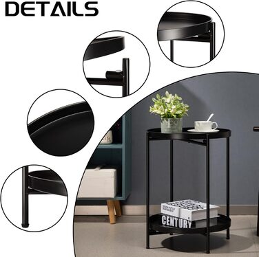 Круглий бічний столик HollyHOME, чорний металевий, маленький журнальний столик, 2 яруси, балконний столик, тумбочка, бічний столик для вітальні, спальні, тераси, вулиці