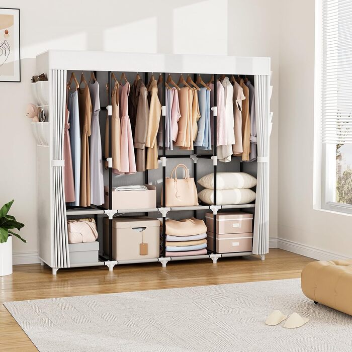 Портативна шафа для одягу VTRIN, ширина 170 см, велика місткість, портативна шафа з кришкою, 4 полиці та 4 вішалки для одягу, міцна, окремостояча шафа для білого/розкішного саду