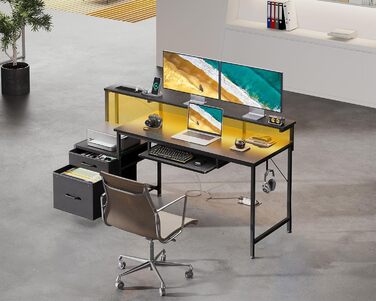 Ігровий стіл Coleshome зі світлодіодним освітленням, 140x48 см, стіл з тканинними шухлядами, комп&39ютерний стіл з 2 розетками та 2 USB-портами, ігровий стіл з підставкою для монітора для домашнього офісу, чорний 140x48 см, чорний