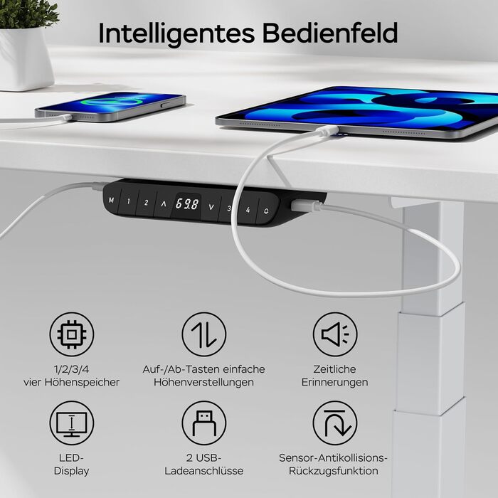 Стіл з регулюванням висоти 140x70 см, цільна стільниця 25 мм, подвійний двигун, 3-рівнева конструкція, інтелектуальне керування з 4 пресетами пам&39яті та 2 USB-портами (білий білий), білий білий 140 см x 70 см