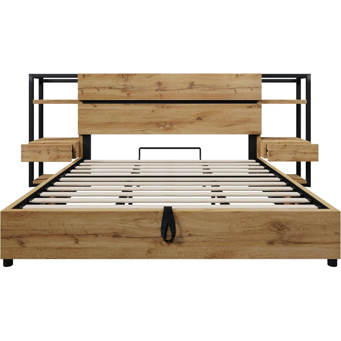 Двоспальне ліжко 180x200 з тумбочкою, узголів&39ям для зберігання речей з шухлядами та функцією зарядки USB Type-C, гідравлічне ліжко для зберігання речей, дерев&39яний каркас ліжка, дитяче ліжко, доросле ліжко, без матраца, дуб, без матраца 180x200 см