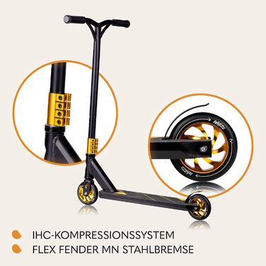 Трюковий самокат LIONELO WHIZZ, підшипники ABEC-9, алюмінієва дека, система компресії HIC, колеса 110 мм, широкий T-подібний кермо, гальмо Flex Fender MN Steel, унікальний дизайн, чорний L