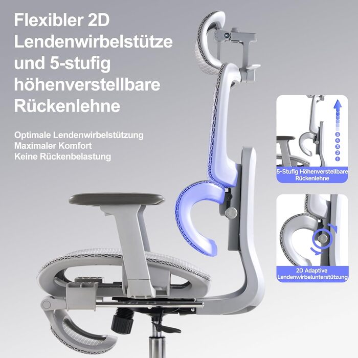 Ергономічне офісне крісло з підставкою для ніг та подушкою для шиї, 5-позиційне регулювання висоти спинки, 2D-підтримка попереку, 3D-підлокітники/підголівник, функція нахилу 145, сітчасте сидіння, гумові колеса, сірий колір.