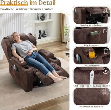 Електричне крісло для телевізора з функцією відкидання спинки, крісло з обертовим кутом 240, крісло для кінотеатру, масажне крісло з функцією підігріву, крісло для телевізора, крісло для відпочинку вагою до 150 кг (оксамит, коричневий) Коричнева оксамитов