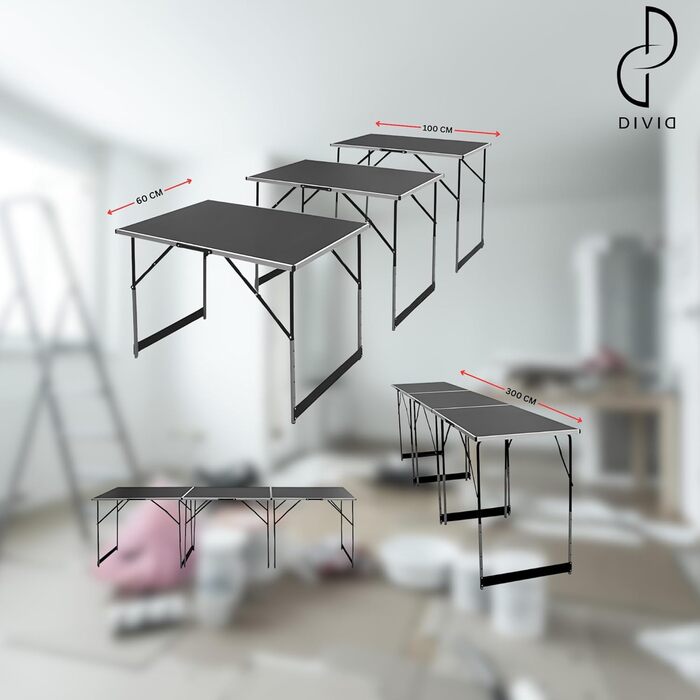 Багатофункціональні столи DIVID, комплект із 3 предметів, 100x60 см, стіл для обклеювання шпалерами, вантажопідйомність 30 кг на стіл, розкладний стіл, кемпінговий стіл, стіл для блошиного ринку, приставний столик, багатофункціональний стіл, регульована в