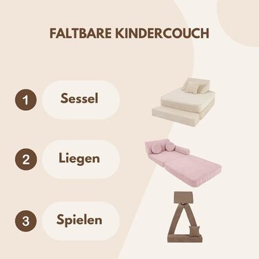Дитяче крісло Angelove 3-в-1 - Складаний дитячий диван та ігровий матрац з вельвету, Зручне ігрове крісло від 1 року, Бежевий