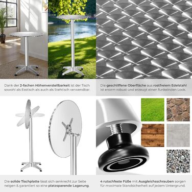 В-1 розкладний стіл Ø 60 см, бістро-стіл, розкладний балконний стіл, алюмінієвий барний стіл, стіл з регульованою висотою 75 см / 115 см, стіл для вечірок, круглий обідній стіл, садовий стіл, розкладний стіл - сріблястий 75/115 см / Ø вертикальної труби 5